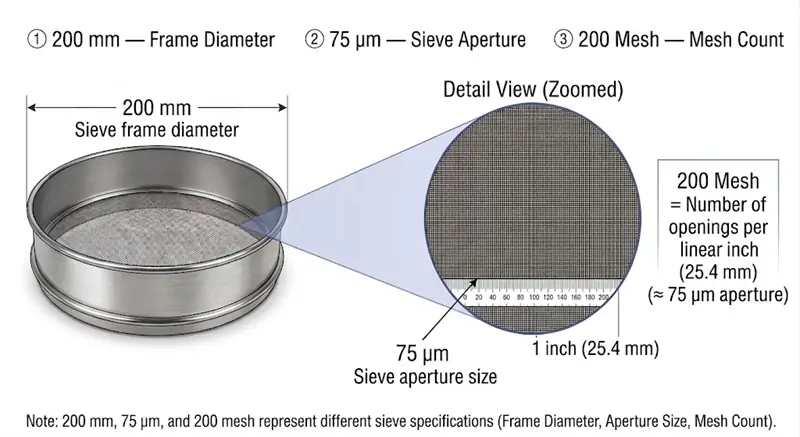 200 mm 75 μm and 200 Mesh Sieve Size Comparison